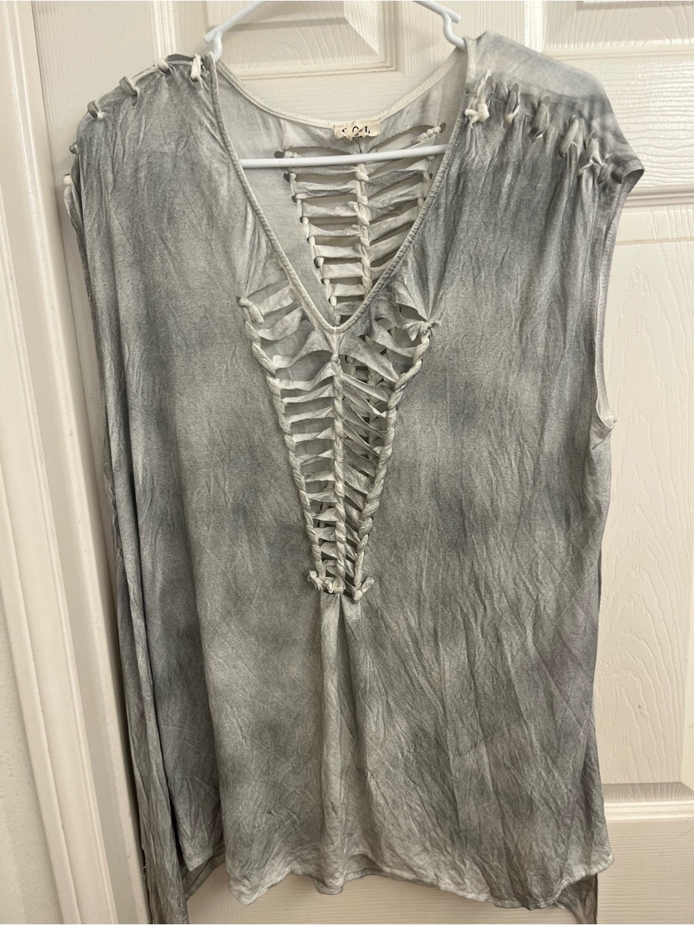 Pol Handmade Distressed Lace-Up Tank Top - Gray - Picture 1 of 3